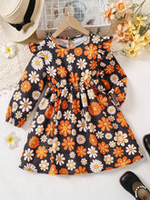(Small)Girls Orange Floral Print Corduroy A-Line Dress, Warm And Comfortable Casual Fashion Suitable For Autumn And Winter